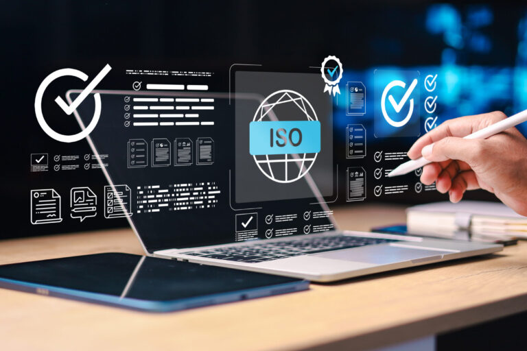 ISO certification and compliance audit concept with digital checklist approval interface, representing quality management and standard verification.
